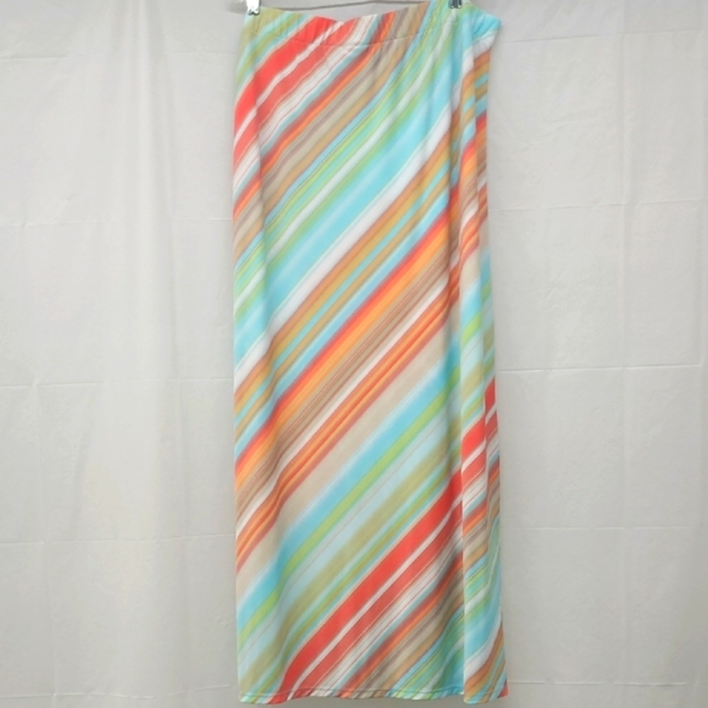 Multicolor Diagonal Striped Maxi Skirt Straight Aqua Orange Red Boho Resortwear